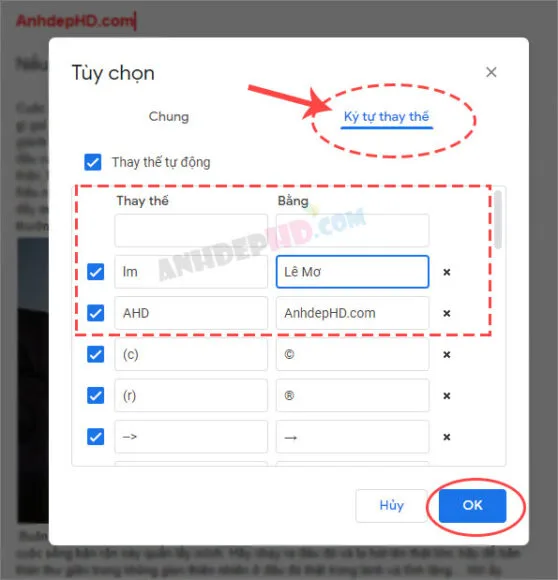 cách tạo cụm từ thay thế trong Google Tài Liệu