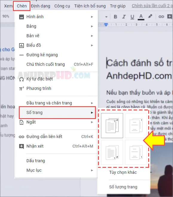 cách thêm số trang cho google tài liệu