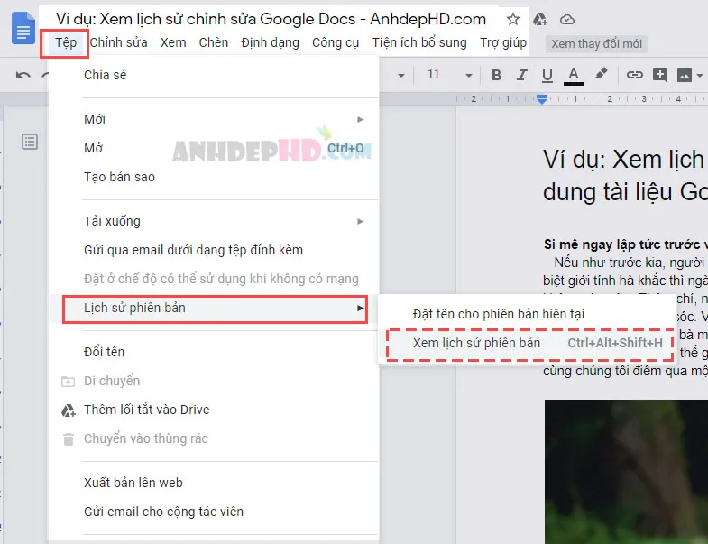 cách xem lịch sử chỉnh sửa tài liệu trong google docs