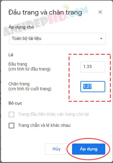 căn chỉnh khoảng cách lề và cách bố cục cho số trang google docs