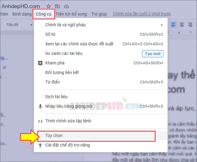 mở công cụ tùy chọn trong Google Tài Liệu