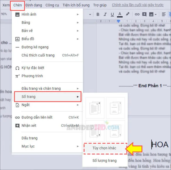mở tùy chọn đánh số trang bất kỳ trong google tài liệu