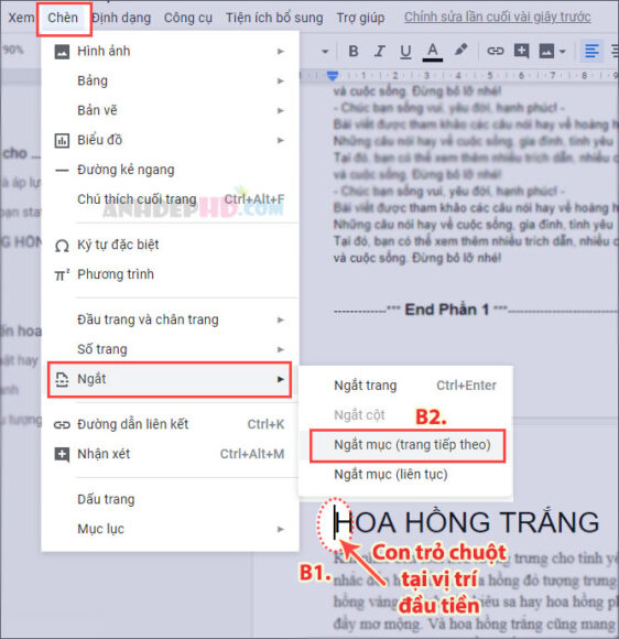 ngắt mục để thêm số trang từ trang tiếp theo