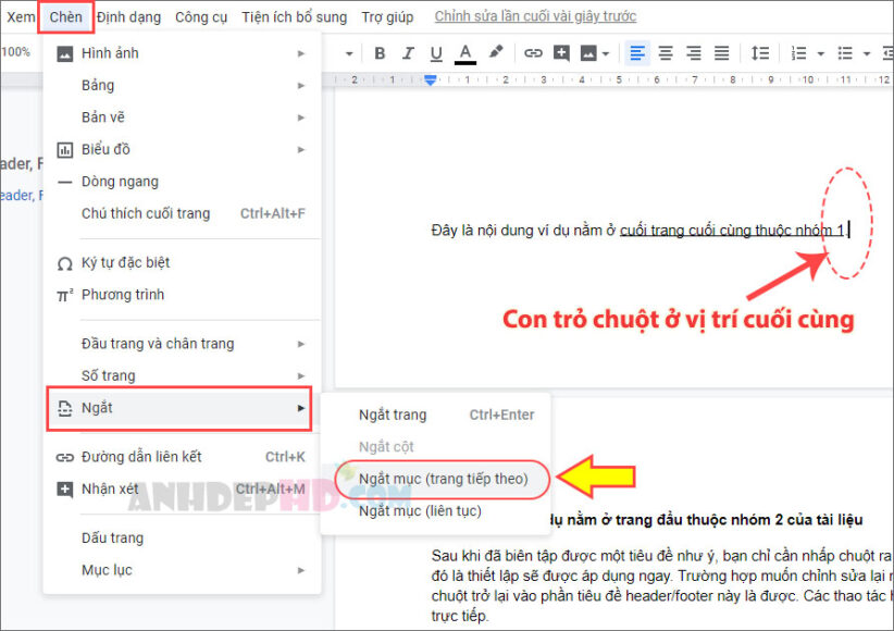 ngắt mục trong google tài liệu