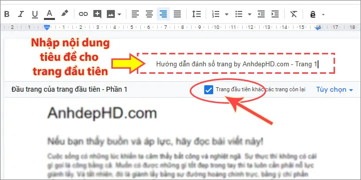 thêm số trang đầu tiên khác với các trang còn lại