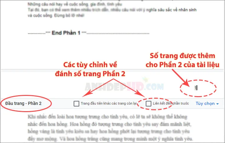 thiết lập cách thêm số trang cho phần 2 của google tài liệu