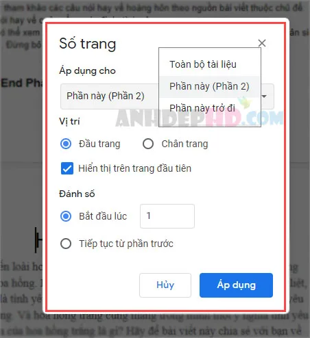 thiết lập đánh số trang từ trang bất kỳ trong google docs