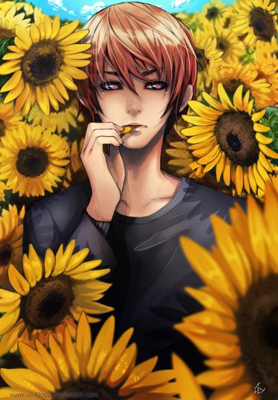 Hình ảnh anime boy cool ngầu bên hoa hướng dương