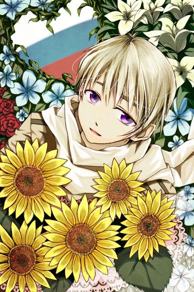 Hình ảnh anime chàng trai suy tư bên hoa hướng dương