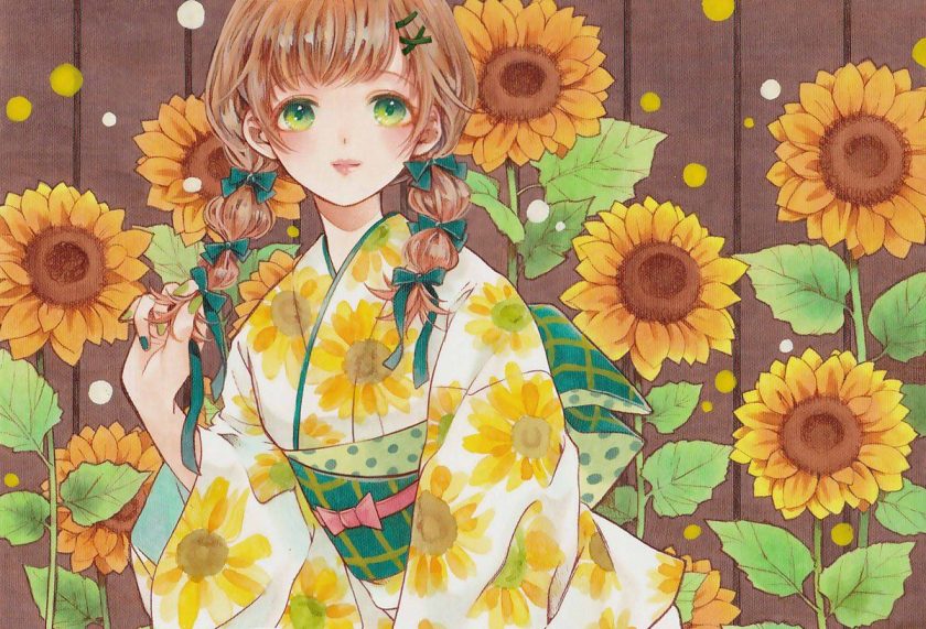 Hình ảnh anime cô gái kimono và hoa hướng dương