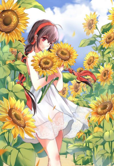 Hình ảnh anime cô gái ôm hoa hướng dương