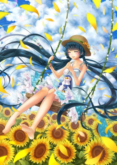 Hình ảnh anime girl chơi đùa cùng hoa hướng dương