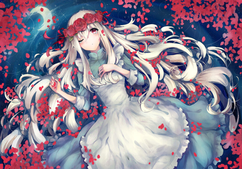 Hình ảnh anime girl tóc trắng nền đỏ đẹp cuốn hút