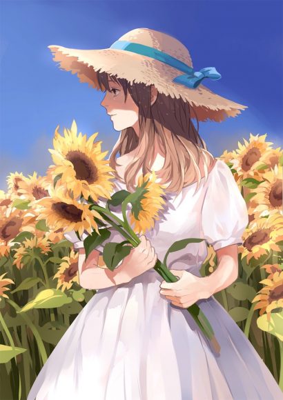 Hình ảnh anime hoa hướng dương và cô gái đẹp