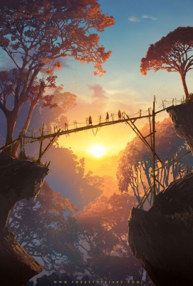 hình ảnh anime phong cảnh cây cầu gỗ dưới nắng hoàng hôn