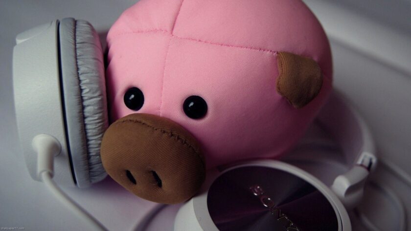 Hình ảnh con lợn bông và tai nghe