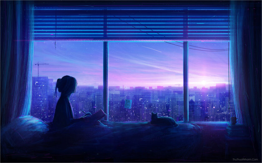 hình nền full hd cô gái đọc sách bên cửa kính tòa nhà