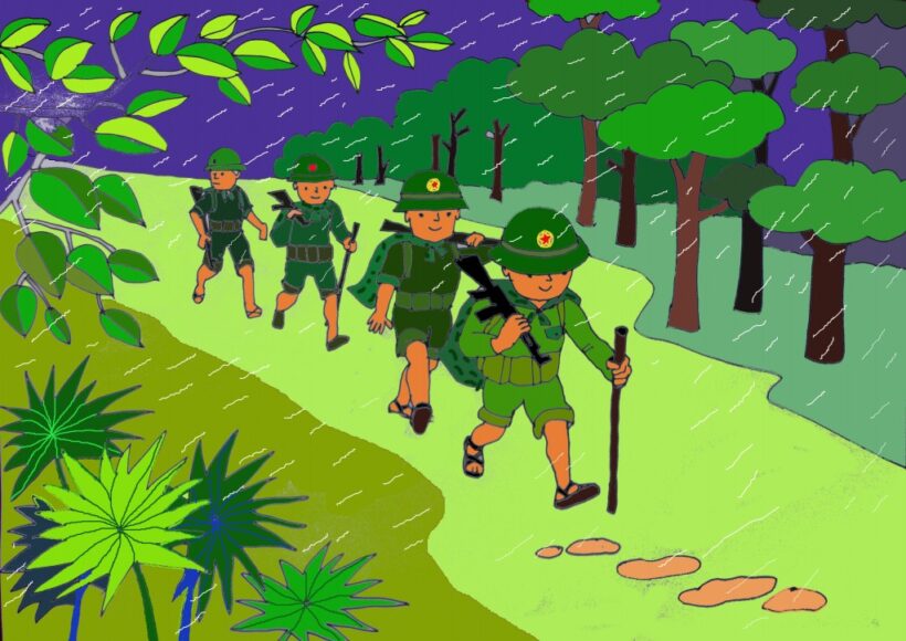 Hình vẽ chú bộ đội hành quân trong mưa