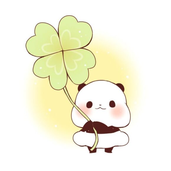 hình ảnh gấu trúc cute chibi và cỏ may mắn 4 lá