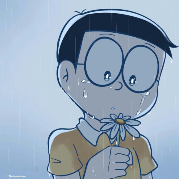 Hình ảnh Nobita khóc buồn dưới mưa