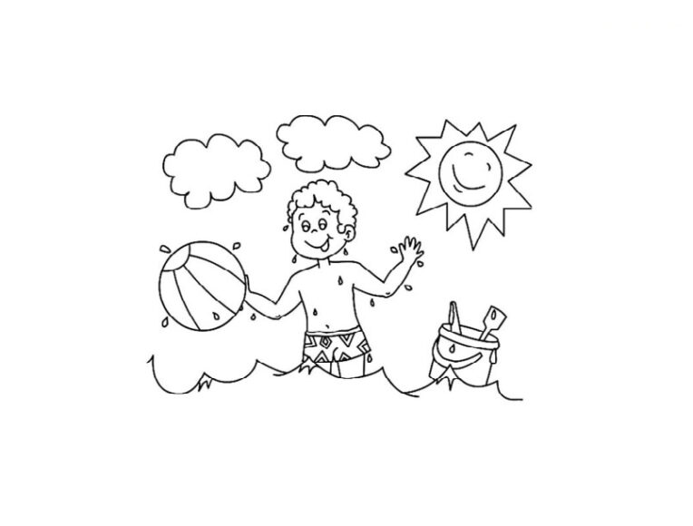 Tranh tô màu ông mặt trời và đám mây đang tỏa ánh nắng cho cậu bé rên bãi biển