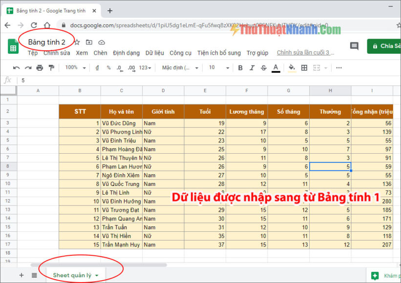 tự động cập nhật dữ liệu từ sheet của bảng tính này sang bảng tính khác