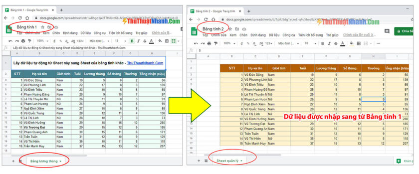 tự động lấy dữ liệu từ sheet này sang sheet khác của bảng tính khác