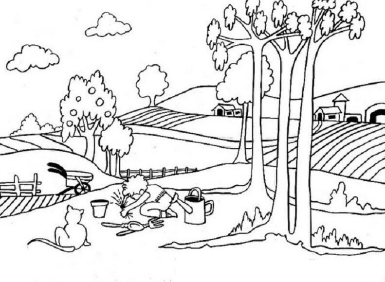 Tranh tô màu dành cho bé gái 7 tuổi hình bạn nam trồng cây