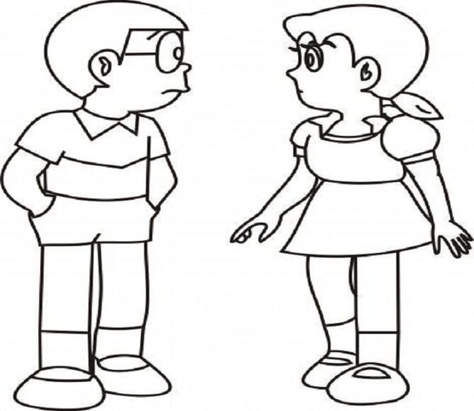 Tranh tô màu Nobita và Shizuka vẽ đơn giản