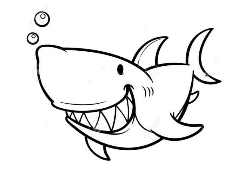 Hình vẽ đen trắng cá mập cho bé tô màu
