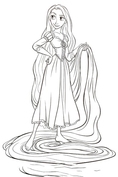 Tranh tô màu công chúa tóc mây cầm mái tóc dài của mình