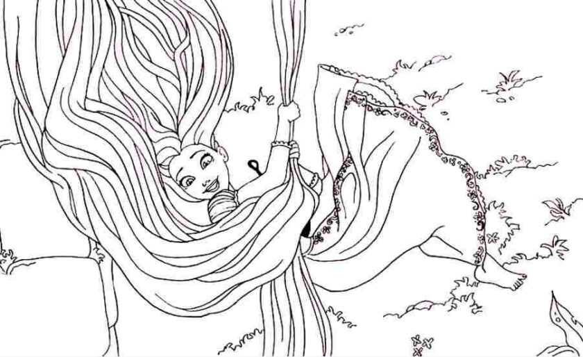 Tranh tô màu công chúa tóc mây dùng mái tóc của mình để đu thoát khỏi toà tháp