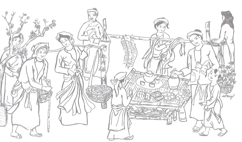 Tranh tô màu tết nguyên đán cảnh chợ tết