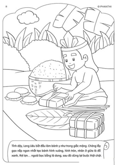 Tranh tô màu tết nguyên đán hình Lang Liêu đang gói bánh trưng bánh dày