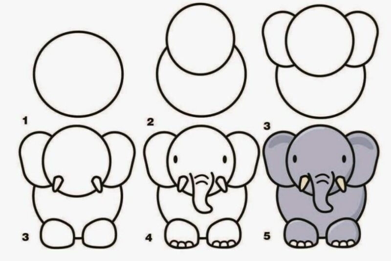 hình vẽ cách vẽ con voi dễ thương