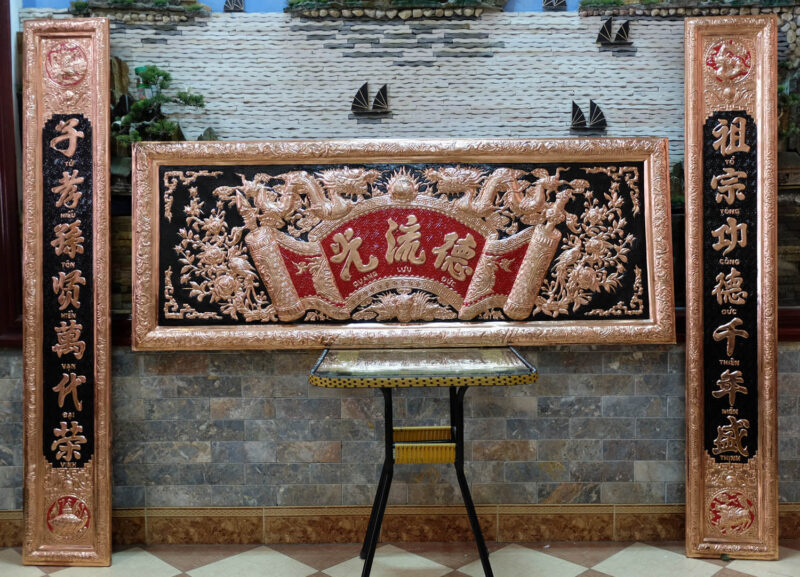 hoành phi câu đối chữ hán thờ gia tiên nền đen