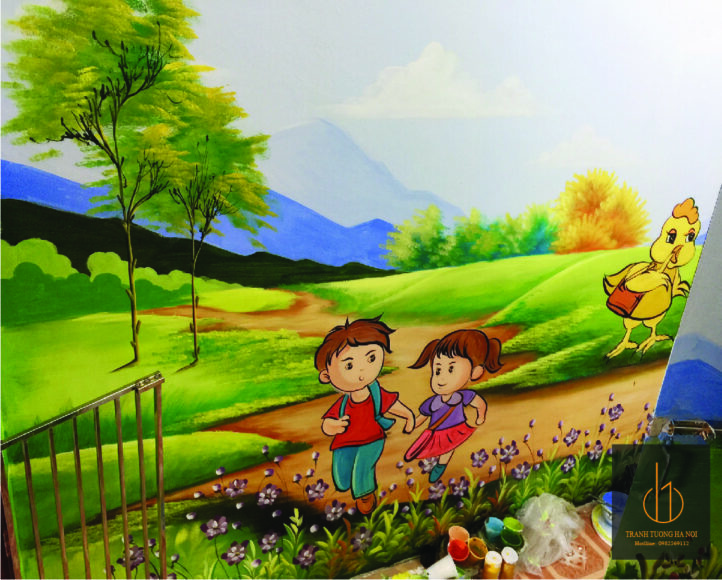 tranh tường mầm non bé cùng đến trường