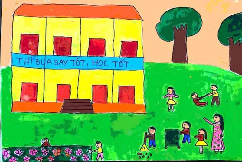 vẽ trường tiểu học đơn giản cho học sinh