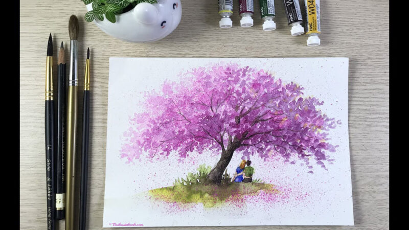 Cách vẽ hoa Anh Đào bằng màu nước đẹp