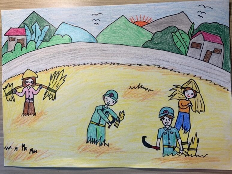 Vẽ tranh chú bộ đội giúp dân gặt lúa đẹp