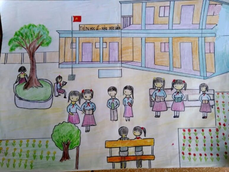 Vẽ tranh công viên xanh trường em bằng chì màu