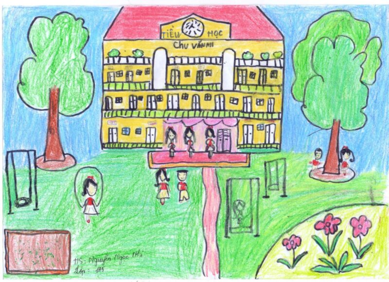 Vẽ tranh công viên xanh trường em của học sinh lớp 1