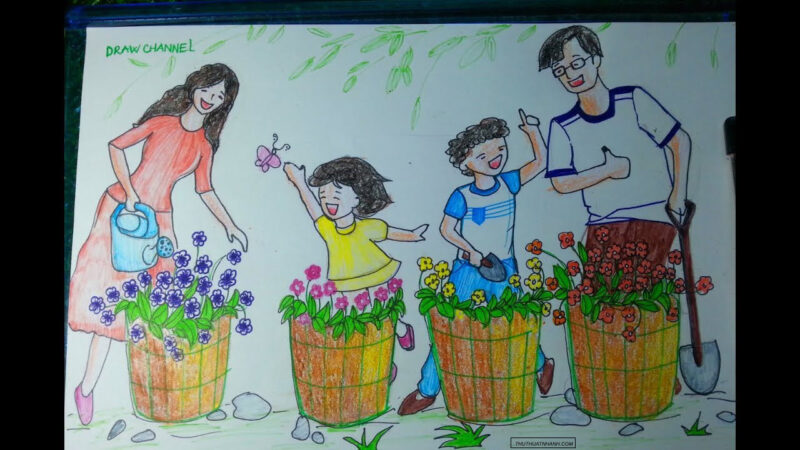 Vẽ tranh gia đình 4 người vui trồng hoa