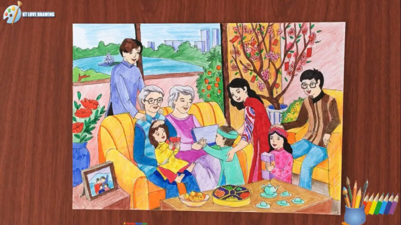 Vẽ tranh gia đình hạnh phúc ngày Tết