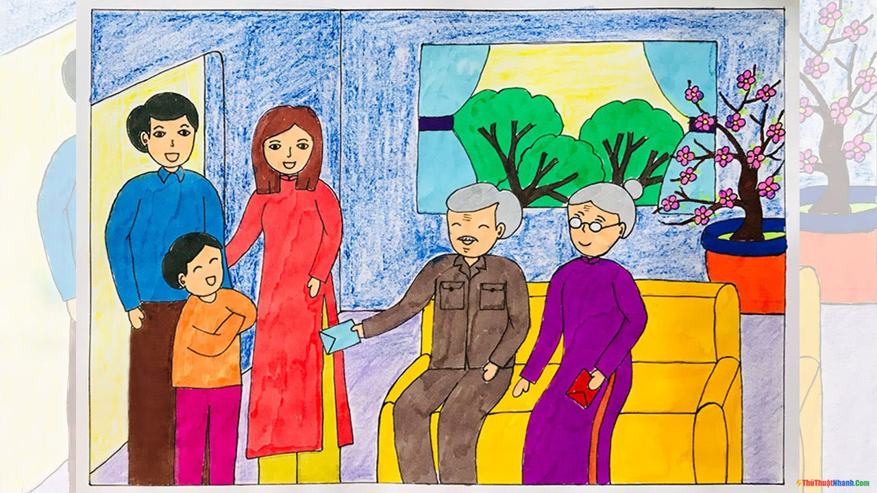 Vẽ tranh đề tài Gia đình Chúc tết ông bà  Vẽ tranh ngày tết  Vẽ tranh  mừng tuổi ngày tết  YouTube