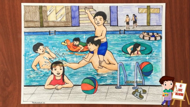 Vẽ tranh ước mơ của em được đi bơi cùng bố