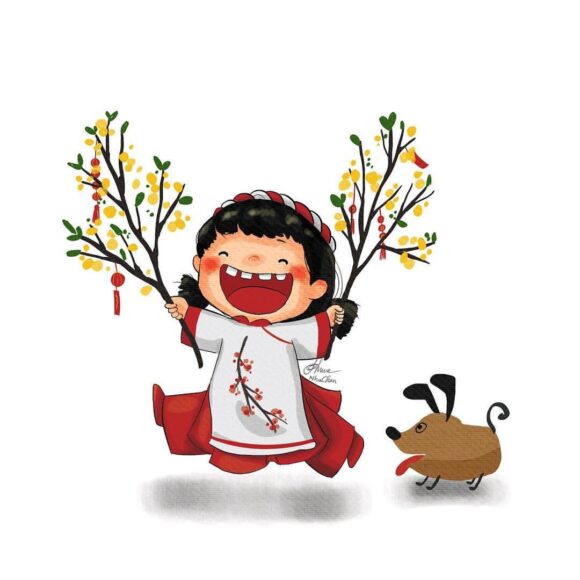 hình ảnh avatar tết bé gái cute cầm cành mai và chú chó