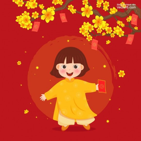 hình avatar đại diện Tết bé gái và mai vàng