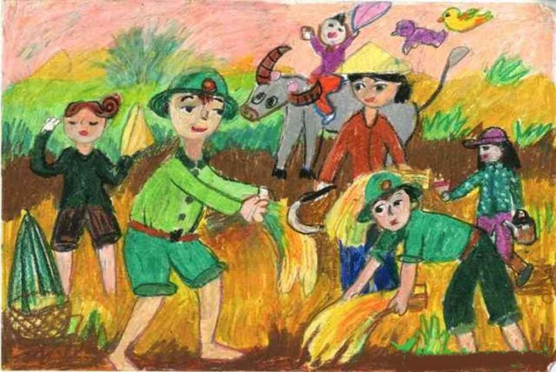 tranh vẽ bộ đội gặt lúa bằng sáp màu của học sinh lớp 6