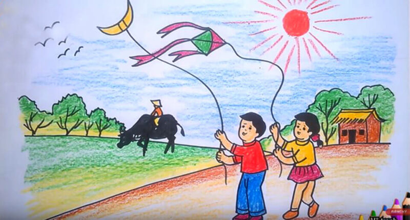 tranh vẽ đề tài cuộc sống xung quanh em lớp 5 thả diều chăn trâu trên đồng cỏ